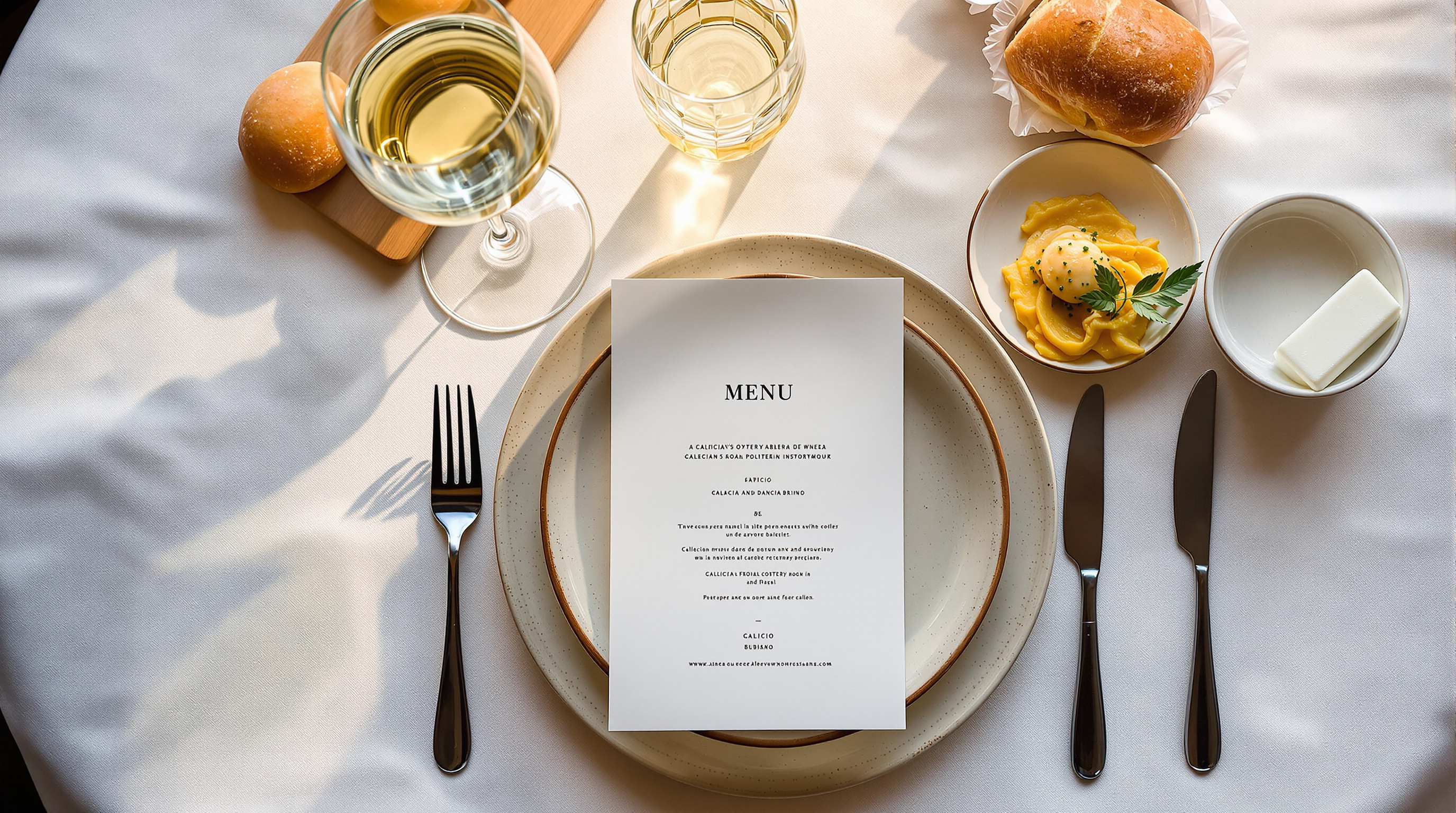 Mesa del restaurante O'Cruceiro con copa de Albariño y carta