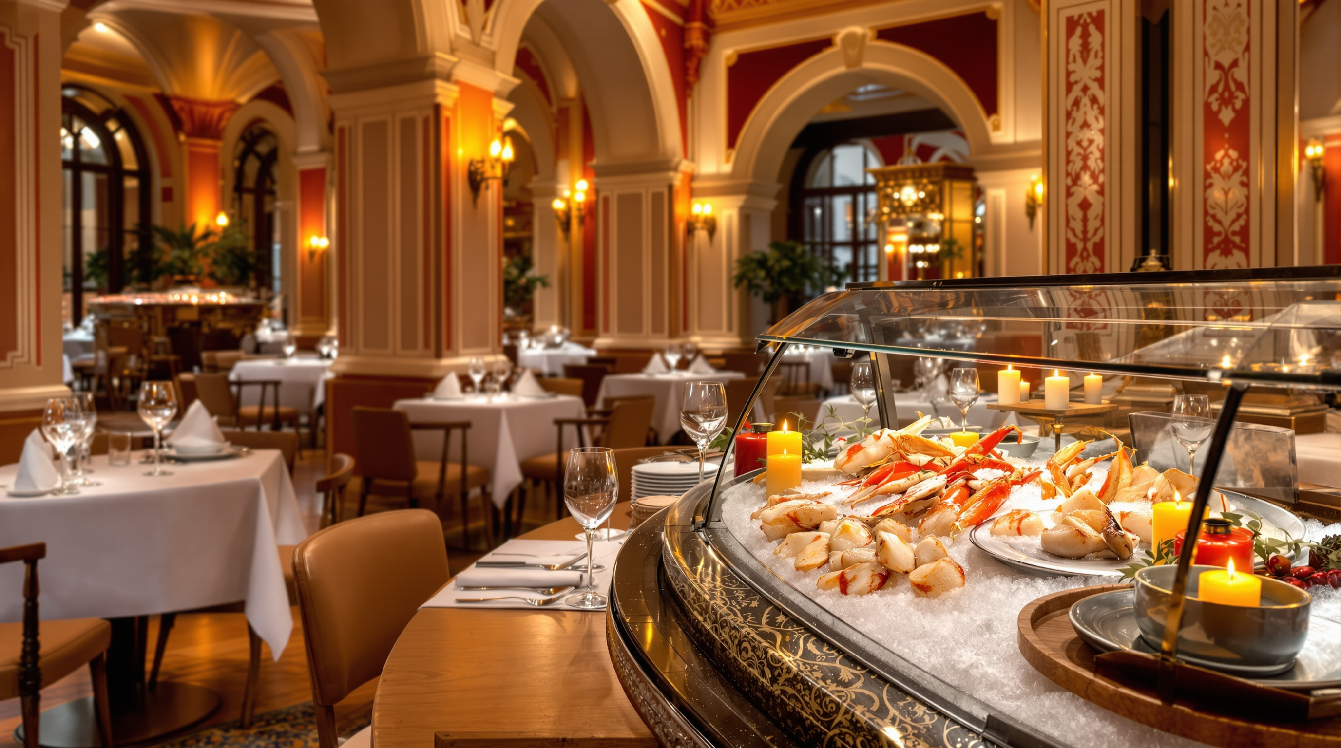 Interior del restaurante gallego O'Cruceiro en Madrid con mariscos frescos