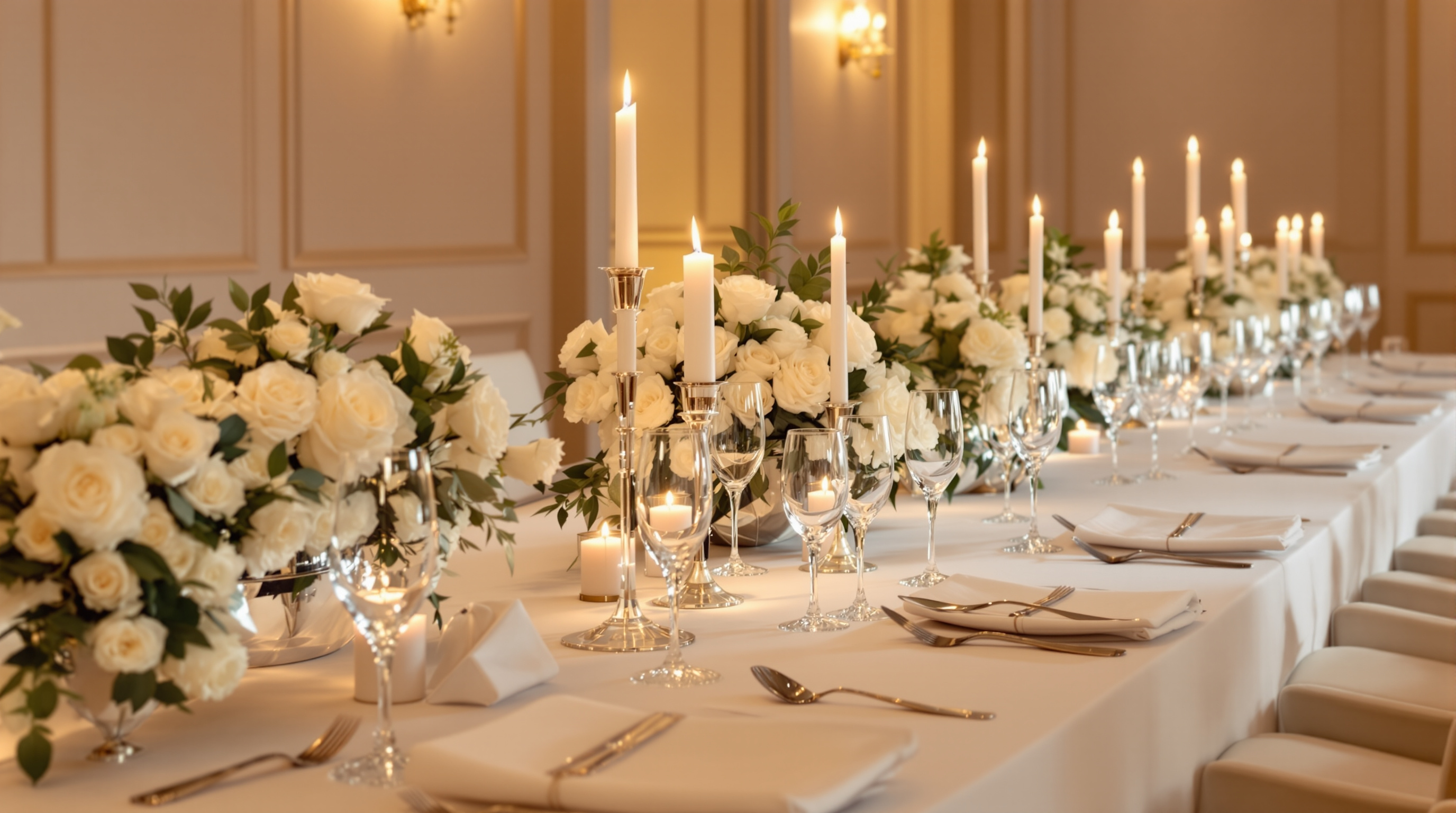 Salón de O'Cruceiro preparado para evento de grupo con manteles blancos y velas