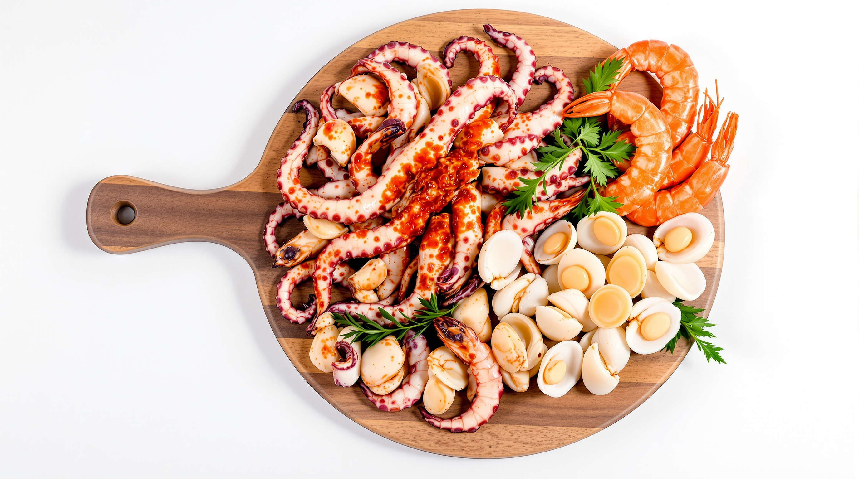 Selección de mariscos gallegos frescos: zamburiñas, vieiras y pulpo a la gallega